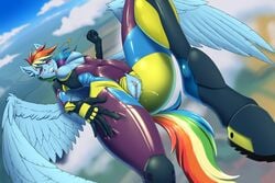 absurd_res anthro blue_body blue_fur bodily_fluids boots breasts clothing equid equine feathered_wings feathers female flying footwear friendship_is_magic fur furgonomics genital_fluids genitals gloves hair handwear hasbro hi_res horse lying mammal multicolored_body multicolored_fur multicolored_hair multicolored_tail my_little_pony nipples on_back pony pussy pussy_juice rainbow_dash_(mlp) solo straight_hair twotail813 wings