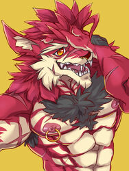 chest_hair furry gay kemono lee male monster nipple pierced red red_fur ring scar smile werewolf zark