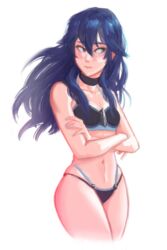 1girls bikini blue_hair blush crossed_arms embarrassed fire_emblem fire_emblem_awakening looking_to_the_side lucina_(fire_emblem) moondrawsporn moonshine_design multicolored_eyes painted_nails pinup solo solo_female swimsuit