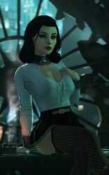 1girls 3d 3d_(artwork) bioshock bioshock_infinite black_hair blue_eyes burial_at_sea busty cleavage elizabeth_comstock female female_focus female_only fishnet fishnet_stockings fishnets hourglass_figure lipstick long_hair makeup microskirt miniskirt pinup pinup_pose pose posing rapture_(bioshock) shirt sitting skirt solo stockings wide_hips wildynsfw