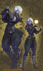 1girls amazon armor ass ass_expansion awoken big_ass big_breasts breast_expansion breasts destiny_(game) growth high_heels huge_breasts looking_at_viewer lurkergg muscle_growth muscular muscular_female original_character short_hair solo thick_thighs transformation voluptuous white_hair wide_hips