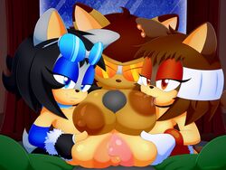 1boy 3girls anthro black_hair blue_eyes breast_sucking breasts brown_hair christmas furry huge_breasts indoors large_breasts looking_at_viewer makia_(slickehedge) male_pov mia_(slickehedge) original original_character penis pov red_eyes short_hair slickehedge sonic_(series) soyale_(slickehedge) triple_paizuri