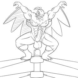 1:1 anthro balls biceps genitals hawlucha humanoid humanoid_genitalia humanoid_penis male monochrome muscular muscular_anthro muscular_male nintendo penis pokémon_(species) pokémorph pokemon smutty-smeargle solo video_games wings