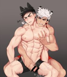 2boys abs animal_ears bar_censor bara black_hair black_underwear blackkdogg blush boxers breath cat_boy cat_ears catboy censored cum ear_piercing ejaculation erection grabbing handjob male_focus motion_blur multiple_boys muscular muscular_male navel nipples original pectoral_grab pectorals penis penis_grab piercing red_eyes short_hair sweatdrop thighs tiger_boy tiger_ears underwear veins veiny_penis white_eyes white_hair yaoi