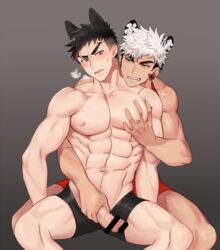 2boys abs animal_ears bar_censor bara black_hair black_underwear blackkdogg blush boxers breath cat_boy cat_ears catboy censored ear_piercing erection grabbing handjob male_focus multiple_boys muscular muscular_male navel nipples original pectoral_grab pectorals penis penis_grab piercing red_eyes short_hair sweatdrop thighs tiger_boy tiger_ears underwear veins veiny_penis white_eyes white_hair yaoi