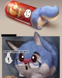 ! anonymous_artist anonymousartist anus balls blush canid canine eating edit english_text eyewear feral fox genitals glasses male mammal open_mouth pringles solo surprise text