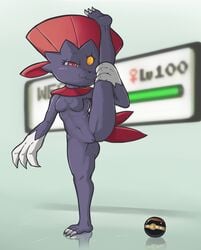 anthro blush breasts chest_tuft claws fangs female fur gameplay_mechanics genitals hi_res looking_at_viewer mochi-bun navel nintendo nipples nude on_one_leg pokéball pokémon_(species) pokemon pokemon_battle pussy raised_leg red_eyes reflection simple_background small_breasts smile solo standing tuft video_games weavile