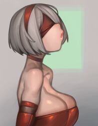 blindfold breasts choker cleavage female hairband kelvin_hiu large_breasts lipstick mole mole_under_mouth nier nier:_automata open_mouth opera_gloves santa_costume short_hair white_hair yorha_2b