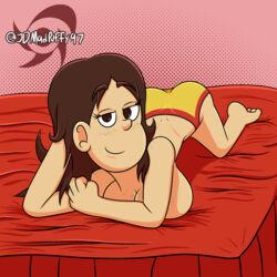 1girls ass bed big_ass big_breasts bobbie_fletcher breasts brown_eyes brown_hair cleavage female female_only jdmadpuffy97 large_breasts looking_at_viewer no_bra panties smile solo solo_female solo_focus straight_hair the_loud_house