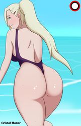 1girls ass back_view backless big_ass blue_eyes blue_sky breasts cristalmanor dat_ass female female_only from_behind hair_over_one_eye ino_yamanaka long_hair looking_at_viewer looking_back naruto naruto_(series) naruto_shippuden ocean one-piece_swimsuit outdoors ponytail smile solo swimsuit thick_thighs tied_hair water