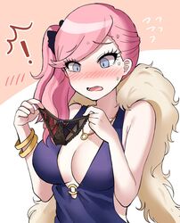 1girls big_breasts black_panties blue_eyes blush danganronpa danganronpa_another dress embarrassed fanganronpa female female_only flustered fur holding holding_panties honyang kabuya_yoruko looking_down necklace open_mouth panties panties_in_hand pink_hair ponytail sdra2 smooth_skin super_danganronpa_another_2 worried