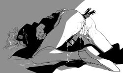 1boy after_sex anal_insertion arms_behind_back arms_tied arms_tied_behind_back bottomless cum_in_hair cum_leaking cum_on_body cum_on_clothes earrings facing_away gritted_teeth jojo's_bizarre_adventure male male_only multiple_insertions noriaki_kakyoin object_insertion partially_clothed restrained solo_male stardust_crusaders