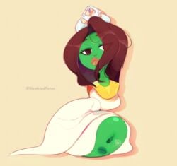 1girls 2020 anus artist_name brown_eyes brown_hair crown disabledfetus dress eyes_half_open eyes_visible_through_hair green_skin human_onahole no_arms no_legs pussy pussy_juice qubo queen queen_esther thick_lips vagina vegetable veggietales wet_pussy what