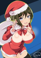 1girls akashi_maho black_hair christmas d4dj oda santa_costume