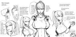 angry annoyed artist_self-insert ballbusting bodysuit breasts cbt cock_and_ball_torture dat_ass edited english_text femdom hair huge_breasts metroid monochrome nintendo ponytail samus_aran self_insert serious small_balls spacezin stern translated unhappy upset white_background zero_suit zero_suit_samus