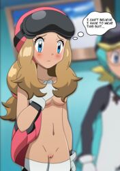 blonde_hair blue_eyes breasts fatfuckingweeb flight_suit functionally_nude functionally_nude_female no_bra no_panties pokemon pokemon_xy public_nudity pussy serena_(pokemon) thighhighs wingsuit