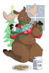 2020 anthro antlers areola artbyyellowdog blue_eyes bottomless breasts brown_body brown_fur capreoline cervid christmas christmas_clothing christmas_sweater christmas_topwear christmas_tree clothed clothing cookie dairy_products english_text exposed_breasts female fingers food fur furry furry_only genitals glass half-closed_eyes hi_res holding_object holidays hooved_fingers hooves horn kneeling looking_at_viewer mammal milk milk_carton moose nipple_outline nipples one_breast_out partially_clothed plant plate plump_labia pussy slightly_chubby smile snow snowing snowing_outside solo solo_female sweater text thick_thighs topwear tree undressing wide_hips window