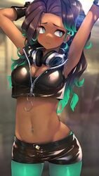 1girls belly belly_button blurry_background blush cleavage clothed clothing dark-skinned_female dark_skin female female_focus female_only fit gloves green_eyes green_hair headphones heart heart_eyes hizake human humanized kashu_(hizake) long_hair looking_away looking_to_the_side marina_(splatoon) multicolored_hair navel navel_piercing nintendo pantyhose partially_clothed piercing shy solo solo_female solo_focus splatoon splatoon_2 zipper zipper_down zipper_pull_tab