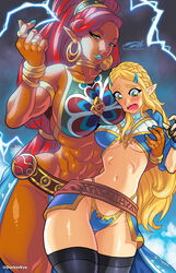 2girls abs blonde_hair blue_eyes blue_lipstick blue_nail_polish blush bracelet braided_hair breast_grab breast_press breast_size_difference breath_of_the_wild chocolate_and_vanilla clothing collar dark-skinned_female dark_skin darkereve demigoddess earrings embarrassed female female_only fully_clothed gerudo green_eyes highres hoop_earrings hourglass_figure hylian hyrule_warriors:_age_of_calamity interracial jewelry large_breasts legwear lipstick long_hair looking_at_viewer makeup muscular muscular_female nail_polish nintendo painted_fingernails painted_nails panties pointy_ears ponytail princess princess_zelda red_hair revealing_clothes ring royalty size_difference skimpy_clothes stockings the_legend_of_zelda thunder underboob urbosa wide_hips yuri zelda_(breath_of_the_wild)