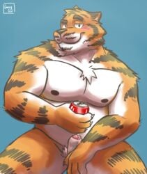 anthro beverage bodily_fluids cemagcre eyebrows facial_hair felid foreskin genital_fluids genitals hi_res male mammal multicolored_body muscular muscular_anthro muscular_male nipples pantherine penis precum raised_eyebrow soda solo stripes tiger uncut