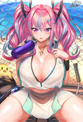 azur_lane beach between_breasts breasts bremerton_(azur_lane) bremerton_(scorching-hot_training)_(azur_lane) chain-link_fence cleavage necklace nez-box ocean pink_hair skirt solo_female squatting sweat tennis tennis_uniform twintails water water_bottle wet