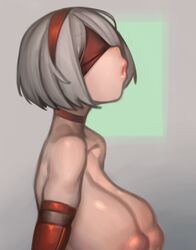 android blindfold breasts choker female gloves hairband inverted_nipples kelvin_hiu large_breasts lipstick nier nier:_automata nipples opera_gloves santa_costume short_hair topless white_hair yorha_2b