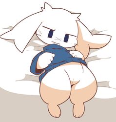 anthro bed bodily_fluids bottomless cave_story clothed clothing crepix female furniture genitals hands_on_belly lagomorph looking_down lying mammal mimiga nervous on_back pussy scar shirt simple_background solo sue_sakamoto sweat sweatdrop topwear video_games white_background