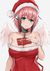 1girls 2019 angel_wings armband bare_shoulders breasts chains christmas cleavage clothing collar dress eyebrows_visible_through_hair female female_only fur_trim gift gift_box green_eyes grey_background hair_between_eyes hair_ornament hat highres holding_gift ikaros large_breasts light-skinned_female light_skin looking_at_viewer pink_hair red_clothing santa_costume santa_hat short_hair simple_background smile solo sora_no_otoshimono tubetop wings wrist_cuffs ying_jing_meng