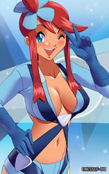 1girls blue_eyes blush enessef-uu english_text gloves hair_ornament hand_on_hip large_breasts midriff navel open_mouth peace_sign pokemon pokemon_bw pokemon_masters red_hair short_shorts skin_tight skyla_(pokemon) tan_skin text tight_clothes tight_clothing tight_fit unzipped watermark wink winking_at_viewer