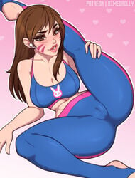 1girls 2020 airpods big_breasts blush breasts brown_eyes brown_hair cameltoe cleavage d.va dimedrolly earbuds fair-skinned_female fair_skin female female_focus female_only flexible fully_clothed leg_up light-skinned_female light_skin long_hair looking_at_viewer looking_at_viwer one_leg_raised overwatch pink_background smile solo solo_female solo_focus sports_bra spread_legs stirrup_legwear stretching tight_pants toeless_legwear white_skin yoga_pants