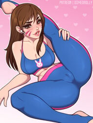 1girls 2020 airpods big_breasts blush breasts brown_eyes brown_hair cameltoe cleavage d.va dimedrolly earbuds fair-skinned_female fair_skin female female_focus female_only flexible fully_clothed leg_up light-skinned_female light_skin long_hair looking_at_viewer one_leg_raised overwatch pink_background smile solo solo_female solo_focus sports_bra spread_legs stirrup_legwear stretching tight_pants toeless_legwear white_skin yoga_pants