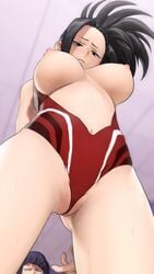 2girls 9:16 areolae bare_breasts bare_thighs between_labia black_hair blush blushing breasts breasts_out female female_focus female_only frown greatm8 innie_pussy kyoka_jiro large_breasts looking_down momo_yaoyorozu multiple_girls my_hero_academia nipples shounen_jump sweat sweatdrop thighs tied_hair view_between_legs view_from_below