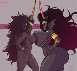 2020 2girls ass big_breasts black_hair breast_press breasts crown female female_only fin_piercing fins gills grey_background grey_skin homestuck horns jewelry kurukurudaza long_hair ms_paint_adventures multiple_girls naked pierump pink_lips pink_nails scars the_condesce troll