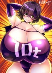 10t 1girls alternate_version_available areola_bulge blush breasts cleavage elbow_gloves female gigantic_breasts gloves hands_behind_head huge_breasts kyosuke_fujiwara leotard milk_engine my_hero_academia nipple_bulge purple_hair short_hair solo tagme wide_hips