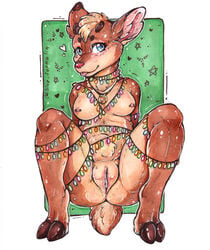 2020 anthro blep blue_eyes blue_formalin breasts brown_body brown_fur capreoline cervid christmas christmas_lights cloven_hooves female front_view fur genitals hi_res holidays hooves looking_at_viewer mammal mtf_crossgender nipple_piercing nipples nude piercing presenting presenting_pussy pussy red_nose reindeer rudolph_the_red_nosed_reindeer rule_63 solo spread_legs spreading tongue tongue_out