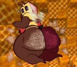 antennae bee bee_(minecraft) big_ass blue_eyes breasts hair_tuft heart honey looking_at_viewer looking_back minecraft pierump signature stinger thick_thighs wings