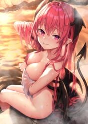 1girls blush demon_girl demon_tail demon_wings eyebrows_visible_through_hair female female_focus head_wings koakuma large_breasts ooguni pink_eyes pointy_ears red_hair side_view sideboob smile smiling_at_viewer succubus tail touhou