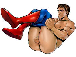 1boy ass balls biceps blue_eyes brown_hair clark_kent dc erect_nipples inmomakuro looking_at_viewer male male_only muscular nude pecs shirt_removed solo superman thick_thighs topless uncensored undressing white_background yaoi