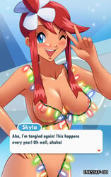 1girls blue_eyes blush christmas christmas_lights enessef-uu english_text exposed_breasts hair_ornament hand_on_hip large_breasts midriff navel nude open_mouth peace_sign pokemon pokemon_bw pokemon_masters red_hair short_shorts skyla_(pokemon) tan_skin text text_box watermark wink winking_at_viewer