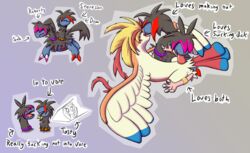 2020 absurd_res anthro blue_tail darkgate duo english_text feral furry group hi_res male male/male mega_evolution mega_pidgeot nintendo pidgeot pokémon_(species) pokemon red_tail tagme text video_games vore wings zweilous