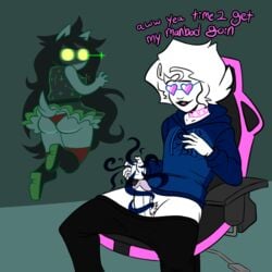 1boy 1girls ass black_hair chair dog_ears dog_tail female female_to_male ftm_transformation glasses homestuck homestuck^2 jade_harley male penis penis_growth pierump roxy_lalonde symbol_shaped_glasses target_aqquired thong transformation