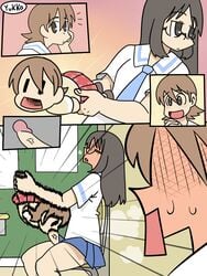 2girls aioi_yuuko black_hair blush brown_eyes brown_hair comic futanari glasses heavy_breathing masturbation minakami_mai nichijou penis sex_toy skirt text toni_oni