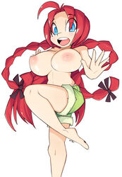 barefoot blue_eyes eyebrows_visible_through_hair female hong_meiling large_breasts long_hair red_hair shorts solo standing_on_one_leg topless touhou twin_braids urban-centre white_background