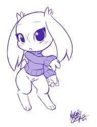 anthro blue_and_white blush bottomless cave_story clothed clothing female genitals lagomorph looking_at_viewer mammal mimiga monochrome nekostar pussy scar simple_background solo standing sue_sakamoto sweater topwear video_games white_background