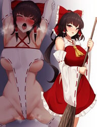 absurdres areola_slip areolae armpits aroused bare_shoulders blush breasts broom brown_hair female fully_clothed hair_ribbon highres large_breasts looking_at_viewer medium_hair open_mouth pubic_hair_in_mouth reimu_hakurei ribbon simple_background sinkai smile solo steam steaming_body stray_pubic_hair touhou wedgie