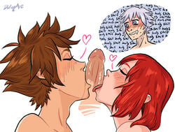 1girls 2boys bisexual bisexual_fellatio bisexual_male blowjob blue_eyes both_genders both_sexes_in_same_situation brown_hair closed_eyes collaborative_fellatio dafuqart disney english_text erection fellatio female female_supporting_yaoi heart heart-shaped_pupils human human_only kairi kingdom_hearts kingdom_hearts_iii light-skinned_female light-skinned_male light_skin looking_pleasured male open_mouth oral oral_sex ot3 penis polyamory red_hair riku saliva_on_penis sora square_enix text threesome throuple tongue_out white_background white_hair wholesome yaoi