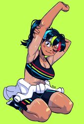 1girls female jieb looking_at_viewer one_eye_closed shorts simple_background solo sports_bra sportswear stretching tan tanline tomboy yeet-chan