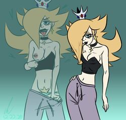 black_lipstick blonde_hair crown goth mario_(series) nintendo pierced_nipples pierump princess_rosalina pubic_hair solo super_mario_galaxy tagme