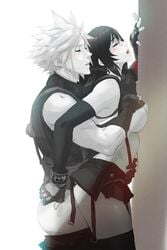 1boy 1girls against_wall ass black_gloves black_hair black_legwear black_skirt blush closed_eyes clothed_sex cloud_strife elbow_sleeve female final_fantasy final_fantasy_vii final_fantasy_vii_remake fingerless_gloves from_behind from_side garter_straps gloves hand_on_wall highres male miniskirt monochrome open_mouth pants pants_pull pleated_skirt ribbed_shirt sex sex_from_behind shirt shirt_lift skirt sleeveless sleeveless_shirt spiked_hair spykeee standing standing_sex straight suspender_skirt suspenders tank_top taut_clothes taut_shirt thighhighs thighs tifa_lockhart underboob vaginal_penetration white_background white_tank_top