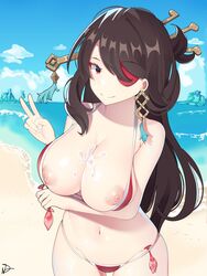 1girls areolae beach beidou_(genshin_impact) belly belly_button big_breasts bikini breasts brown_hair condom condom_belt cum_on_breasts exposed_breasts eyepatch female female_only genshin_impact large_breasts light-skinned_female light_skin looking_at_viewer natatheknife navel nipples red_eyes solo used_condom